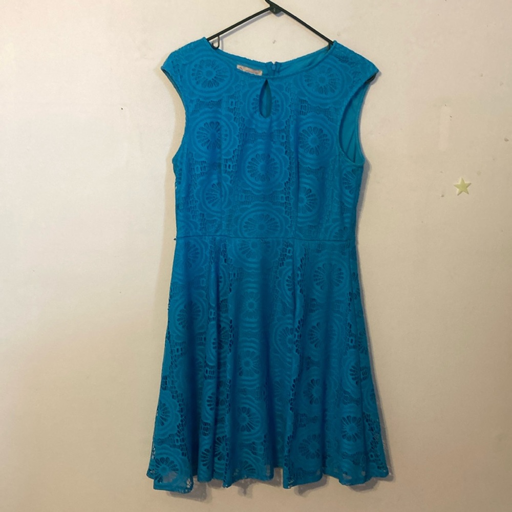 Turquoise circle lace overlay sleeveless dress Sz 12P